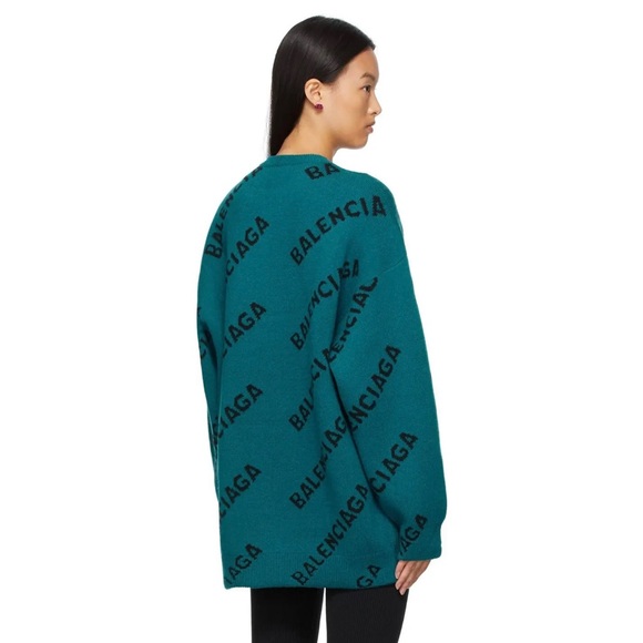 BALENCIAGA Oversized Wool Logo Jacquard Knit Sweater Petrol Blue & Black Sz XS - Picture 6 of 8